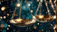 Golden scales of justice with magical sparkles and bokeh lights on dark teal background, legal and law concept with dramatic lighting and glowing effect.