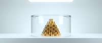 Golden coins stacked in pyramid formation under protective glass dome on white surface. Financial security, wealth preservation and investment concept.