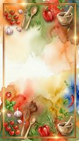 Watercolor cooking frame with fresh tomatoes, garlic, bell peppers, herbs, wooden spoons and mortar pestle on colorful abstract background. Culinary design template for recipe cards and food blogs.