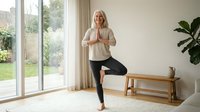Middle-aged woman with blonde hair practicing yoga in bright home interior, standing on one leg in tree pose near wooden bench and large windows overlooking garden.