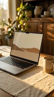 Modern laptop computer on wooden table in cozy home office with warm sunlight streaming through window creating peaceful work from home atmosphere.