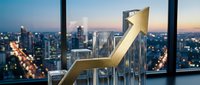 Golden arrow pointing upward through transparent glass bars against city skyline at dusk, symbolizing business growth, financial success and rising profits.