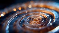 Mesmerizing spiral ripple pattern in dark liquid with golden bokeh lights creating concentric circles and dynamic motion effect on reflective surface.