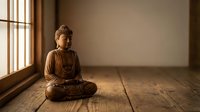Wooden Buddha statue in meditation pose on hardwood floor near window with natural light for zen interior design and spiritual decor.