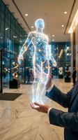 Digital human hologram glowing with circuit patterns held in businessman's hands in modern office lobby, representing technology innovation, artificial intelligence, and digital transformation for corporate solutions.