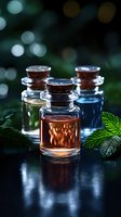 Glass bottles with colorful liquid essences and fresh mint leaves on dark background with bokeh lights, creating magical spa and aromatherapy atmosphere.