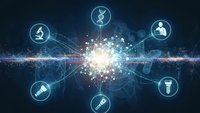 Medical technology network with healthcare icons connected by glowing digital lines and particles on dark blue background for modern medicine concepts.