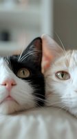 Close-up portrait of two cats faces merged together showing contrast between black and white coloring, with striking amber eyes and pink noses against soft background.