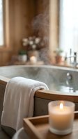Steaming bathtub with soft towel draped over wooden edge, lit candle in foreground, spa ambiance with blurred background flowers and toiletries for relaxation and wellness.