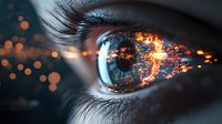 Close-up of human eye with digital fire effect and glowing particles, symbolizing technology vision and future innovation in artificial intelligence.