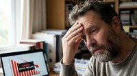 Middle-aged Caucasian businessman with beard looking stressed while viewing declining financial charts on laptop screen in home office environment.