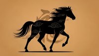 Black horse silhouette with ornate decorative patterns galloping on warm beige background for equestrian design projects and western themed artwork.