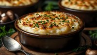 Creamy baked potato gratin with golden cheese crust and fresh herbs in rustic ceramic dish, comfort food for restaurant menus and cooking blogs.
