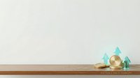 Wooden shelf with turquoise glass geometric shapes and woven basket on neutral background, isolated for interior design, home decor, and lifestyle projects.