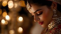 Young South Asian bride in traditional wedding attire with ornate jewelry and makeup against warm bokeh lights background, side profile view capturing serene expression.