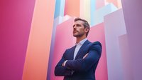 Confident businessman in navy suit against colorful geometric background with arms crossed, looking up at urban skyscrapers in modern setting.
