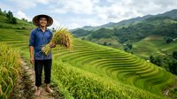 Asian male farmer in straw hat holding harvested rice stalks in terraced paddy field with mountain landscape backdrop for agriculture and farming concepts.