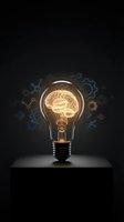 Glowing light bulb with brain filament surrounded by innovation icons on dark background representing creativity and intelligent solutions for business.