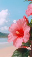 Pink hibiscus flower blooming against tropical beach background with blue sky, white clouds and turquoise ocean waters, creating serene summer atmosphere.