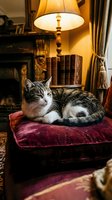 Tabby cat resting on a velvet ottoman in a cozy vintage living room with warm lamp light, fireplace, and antique books in background.