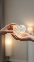 Hands gently holding glowing geometric heart shape with warm bokeh lights in background symbolizing love care protection and emotional connection.