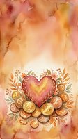 Watercolor heart surrounded by gold coins and floral elements on warm orange textured background, symbolizing love and financial prosperity.