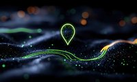 Glowing green location pin marker floating above abstract dark background with luminous waves and bokeh lights, modern navigation concept.