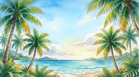 Watercolor tropical beach scene with palm trees, turquoise ocean, and soft cloudy sky, evoking summer vacation and paradise getaway.
