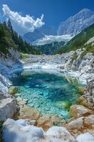 Pristine turquoise mountain lake surrounded by rocky terrain and snow-capped peaks, with evergreen forest and glaciers reflecting in crystal clear waters.