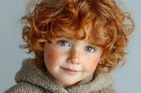 Adorable redhead child with curly hair and freckles wearing cozy knit sweater, smiling warmly at camera in studio portrait for family and childhood concepts.