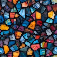 Vibrant stained glass mosaic pattern with irregular shapes in blue, orange, red, and yellow creates dramatic abstract background perfect for spiritual or artistic designs.