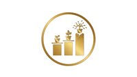 Golden growth chart with plants sprouting from ascending bars showing business success and organic development in circular frame.