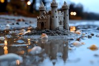 Detailed sand castle with towers and turrets on wet beach at sunset, reflecting in shallow water with golden bokeh lights creating magical atmosphere.