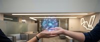 Business professionals sharing holographic brain data visualization in modern office environment for technology presentations and corporate meetings.