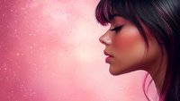 Side profile of Asian woman with closed eyes and pink makeup against dreamy pink background with glowing sparkles and soft bokeh effect.