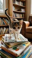 Young tabby and white kitten standing on stack of children's books in cozy home library with wooden bookshelves, leather armchair, and natural window light for pet, education, and lifestyle content.