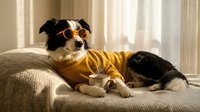 Stylish dog wearing orange sunglasses and yellow sweater relaxing on beige sofa in sunny living room. Pet fashion and comfort concept for lifestyle content.