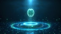 Glowing neon brain hovers above luminous circular platform with particle effects in dark space, representing artificial intelligence and cognitive technology.