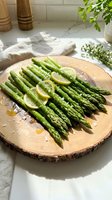 Fresh green asparagus spears with lemon slices on rustic wooden cutting board in bright kitchen setting for healthy cooking and meal preparation.