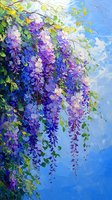 Blooming wisteria cascades against bright blue sky, purple and blue flowers hanging in clusters amid green foliage, oil painting style artwork with textured brushstrokes.