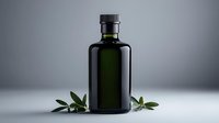 Dark green glass bottle with olive leaves on white surface against gray gradient background, minimalist product photography for cosmetics or olive oil packaging.
