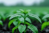 Young green plant seedling growing in fertile soil against blurred natural background, showing fresh leaves and new growth in agricultural setting.