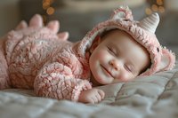 Smiling baby in pink unicorn costume sleeping peacefully on soft quilted blanket with bokeh lights in background.