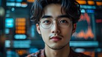 Young Asian businessman wearing glasses against blurred stock market data display, professional portrait with modern finance technology background.