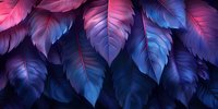 Glowing tropical leaves in vibrant pink and blue neon colors against dark background create mystical jungle atmosphere, suitable for modern interior design.