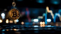 Golden cryptocurrency coin hanging on chain against blurred trading chart background with bokeh lights, modern digital money concept for financial markets.