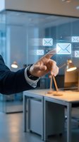 Businessman in dark suit touching floating envelope icons in modern office workspace, representing digital communication and email technology.