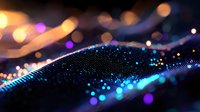 Glowing digital wave with blue and purple particles floating on dark background, abstract technology visualization with bokeh light effects and depth of field.