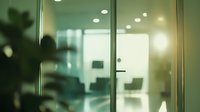 Modern office interior view through glass door with blurred effect showing empty workspace, chairs and natural lighting, creating professional atmosphere.