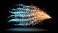 Magical glowing particles in orange and blue colors create dynamic motion effect against dark background, sparkles and light trails floating in space.